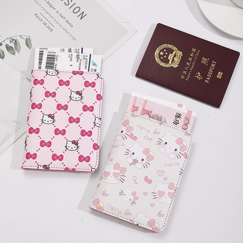 Hello Kitty Funda para pasaporte para mujer, de piel sintética, multifunción, para tarjetas de crédito, porta pasaporte, estuche organizador para billetes de avión, color rosa