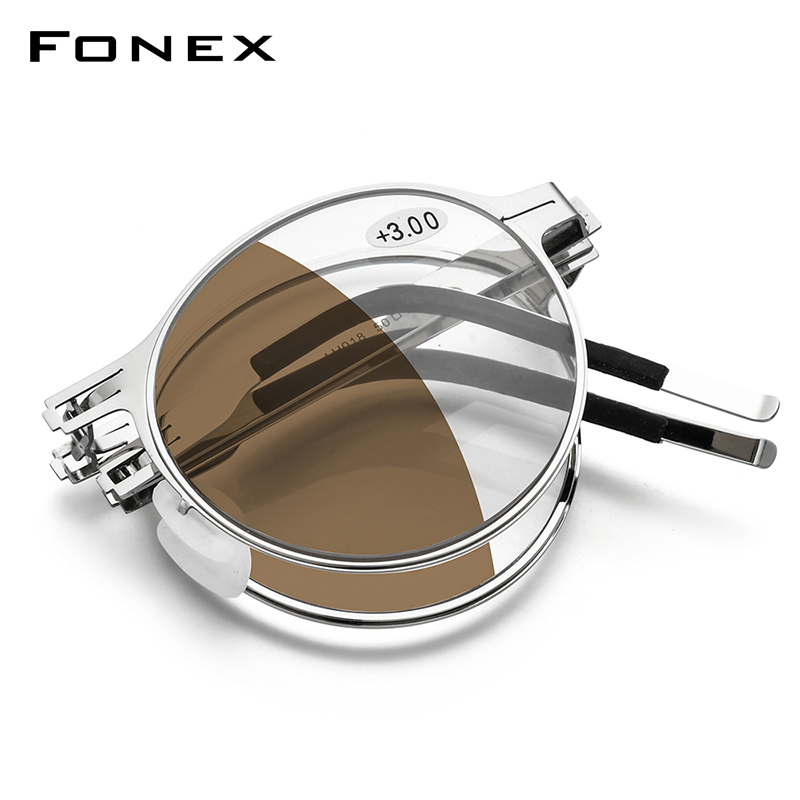 FONEX Kacamata Baca Lipat Teh Coklat Fotochromic Wanita Portabel Tanpa Sekrup Pria Kacamata Pembaca Anti Pemblokiran Biru LH018