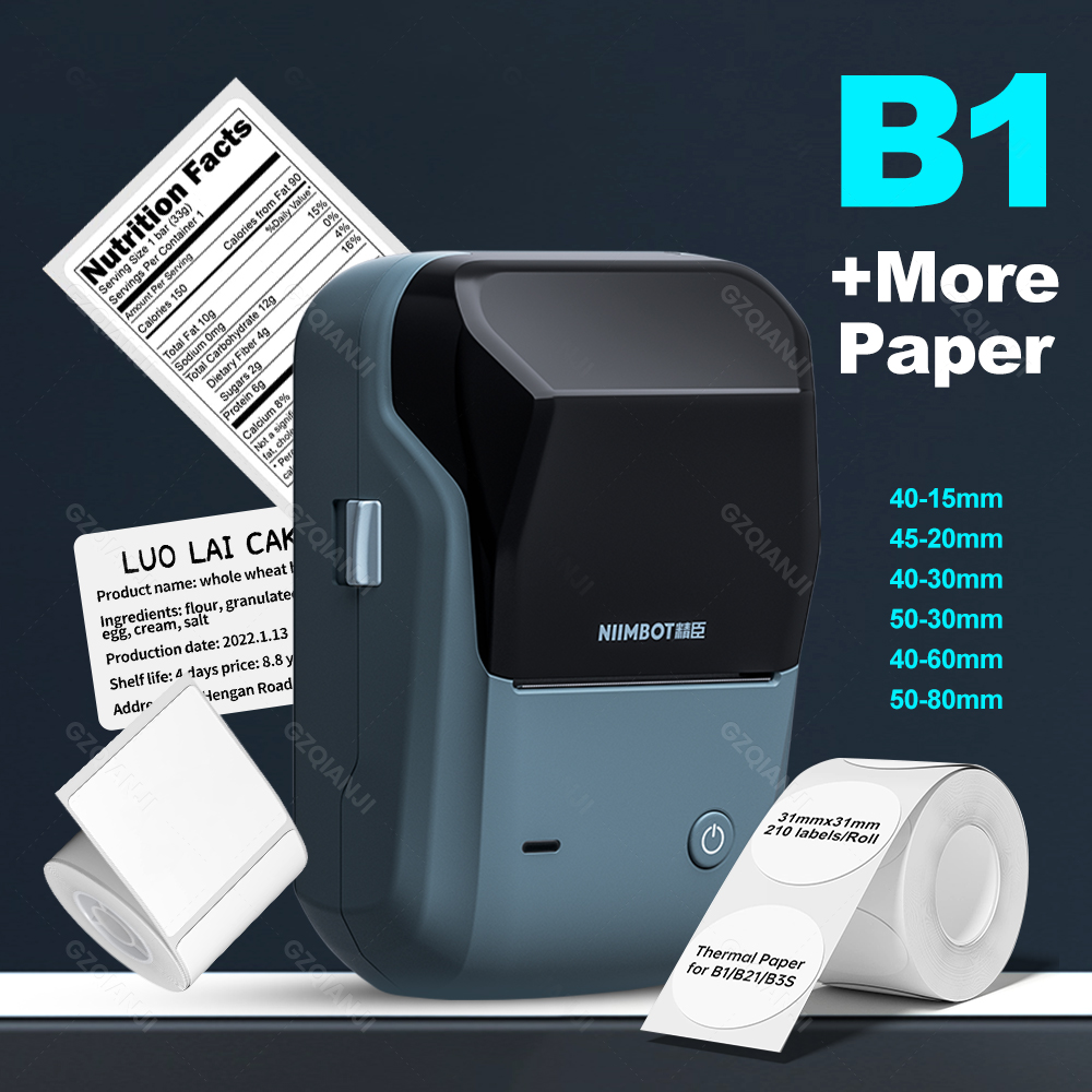 Stampante per etichette Niimbot B1 Creatore termico portatile portatile Codice a barre Bluetooth Codice QR Adesivo Rotoli di carta a colori Etichettatrice Etichetta bianca