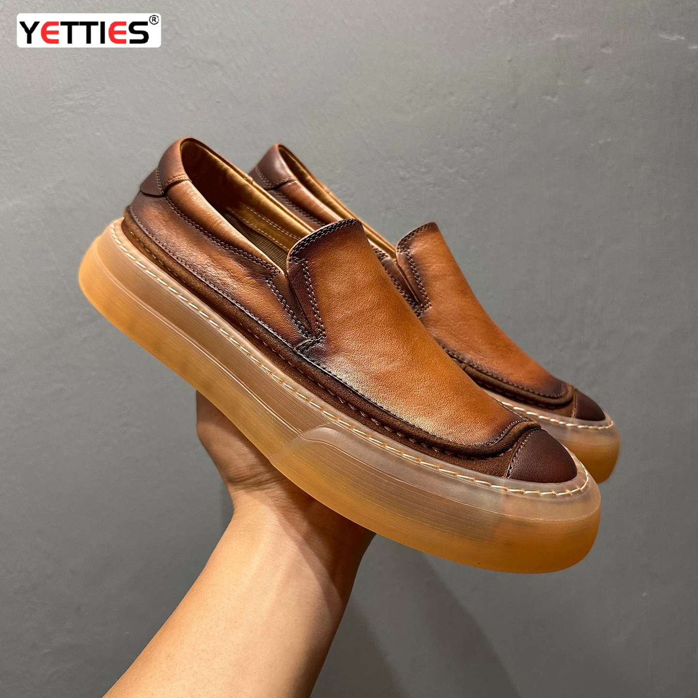 yetties 2026 New Men's Top Grain Leather Loafers, Breathable Slip-On Chunky Sole, Summer Casual Elevator Effect Footwear