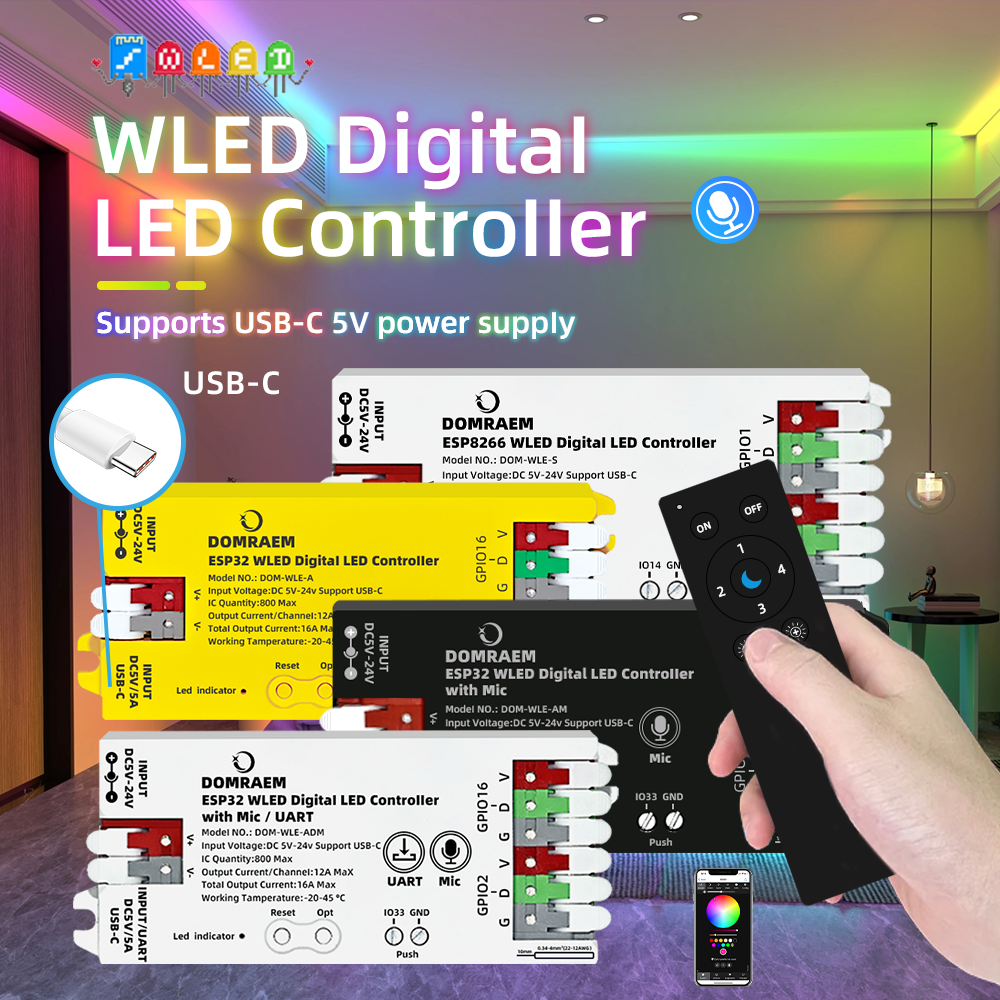 DOMRAEM ESP8266/ESP32 USB-C WLED Digitaler LED-Controller |   WS2814/12B/05/APA102 RGB-IC-Streifen |   16A Sicherung~0,5W Standby | Mikrofon und UART