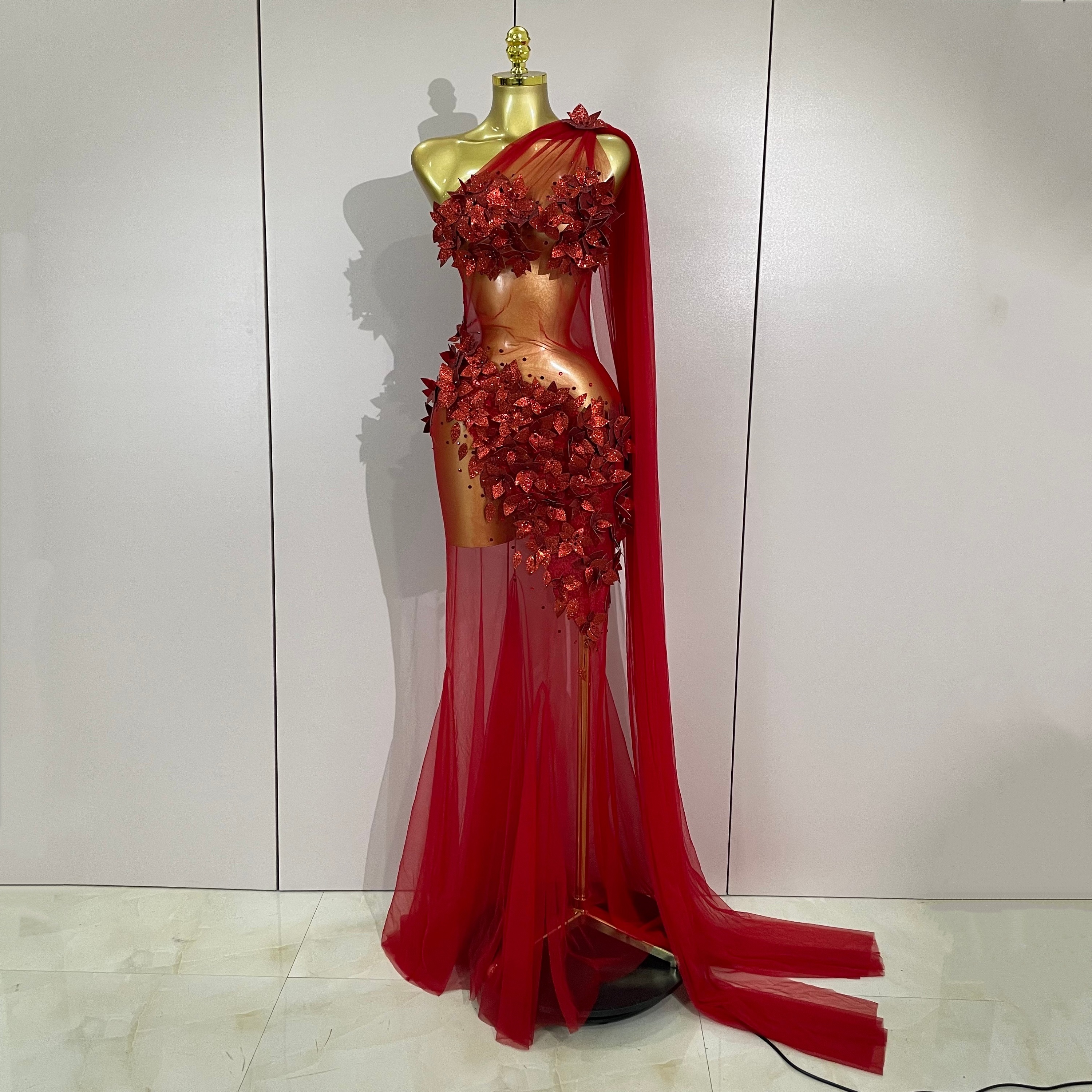 Sexy un hombro brillante 3D Floral malla transparente Maxi vestido 2025 fiesta de noche cumpleaños boda club nocturno Bar trajes de escenario