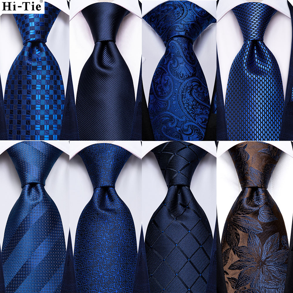 Hi-tie azul marinho sólido paisley seda gravata de casamento para homens lenço abotoadura conjunto de gravata masculina festa de negócios novo design dropshipping