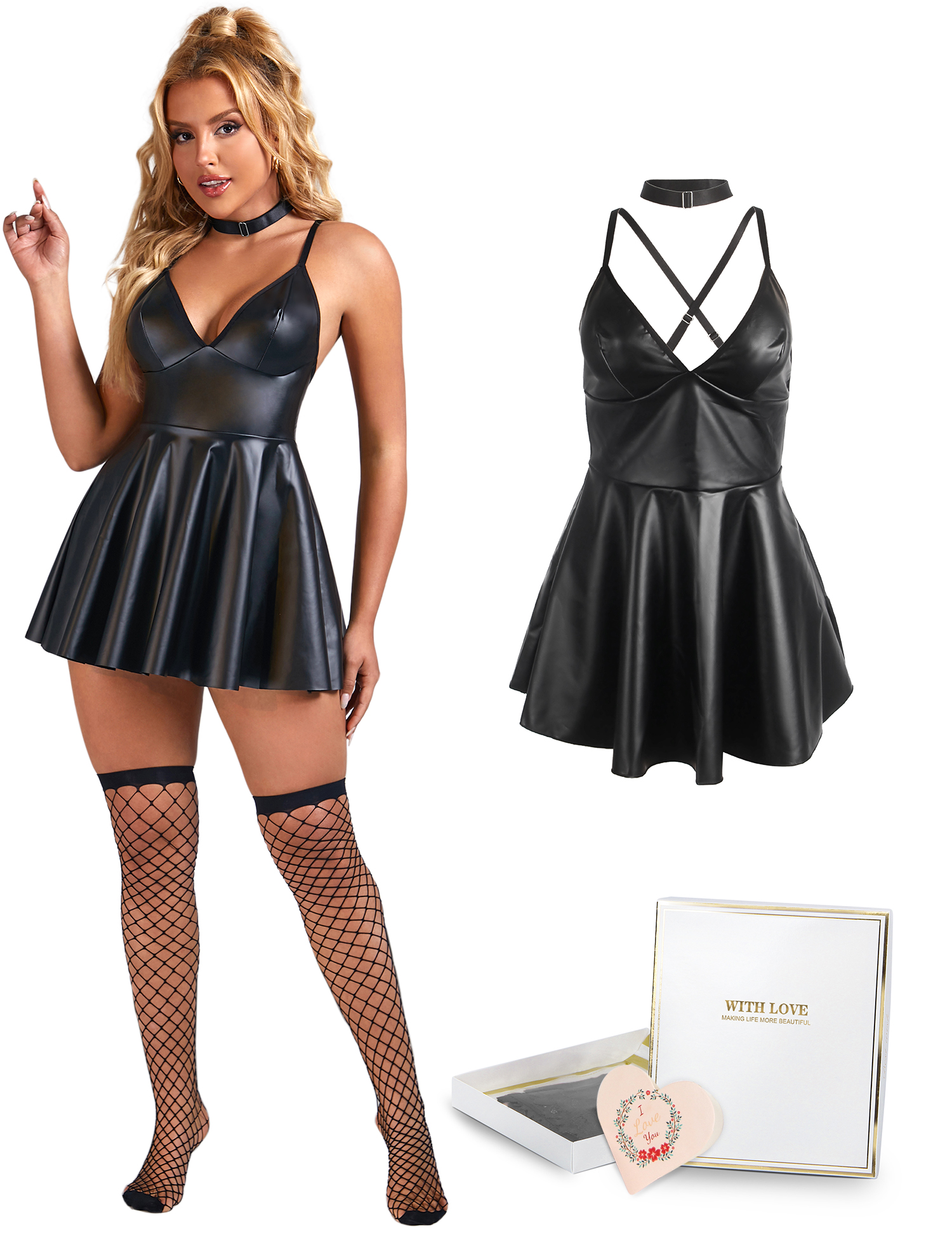 Caja de regalo + camisón sexy con tirantes de cuero PU negro