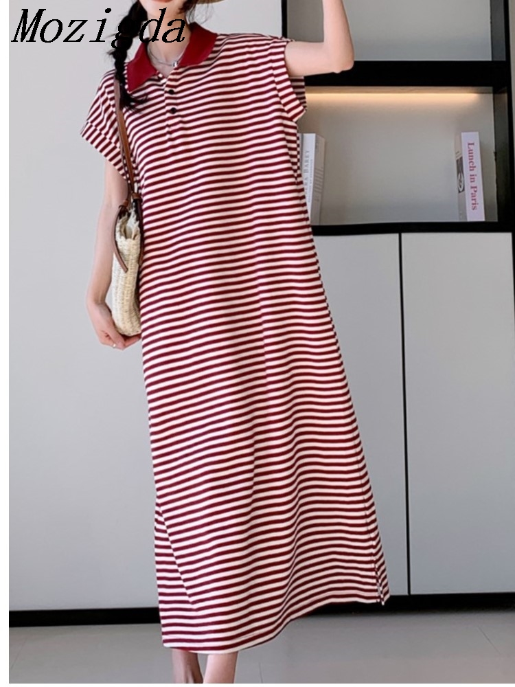 Camisetas holgadas de verano para chica, estilo pijo japonés coreano, cuello vuelto, a rayas, elegantes, vestido largo informal a la moda para mujer