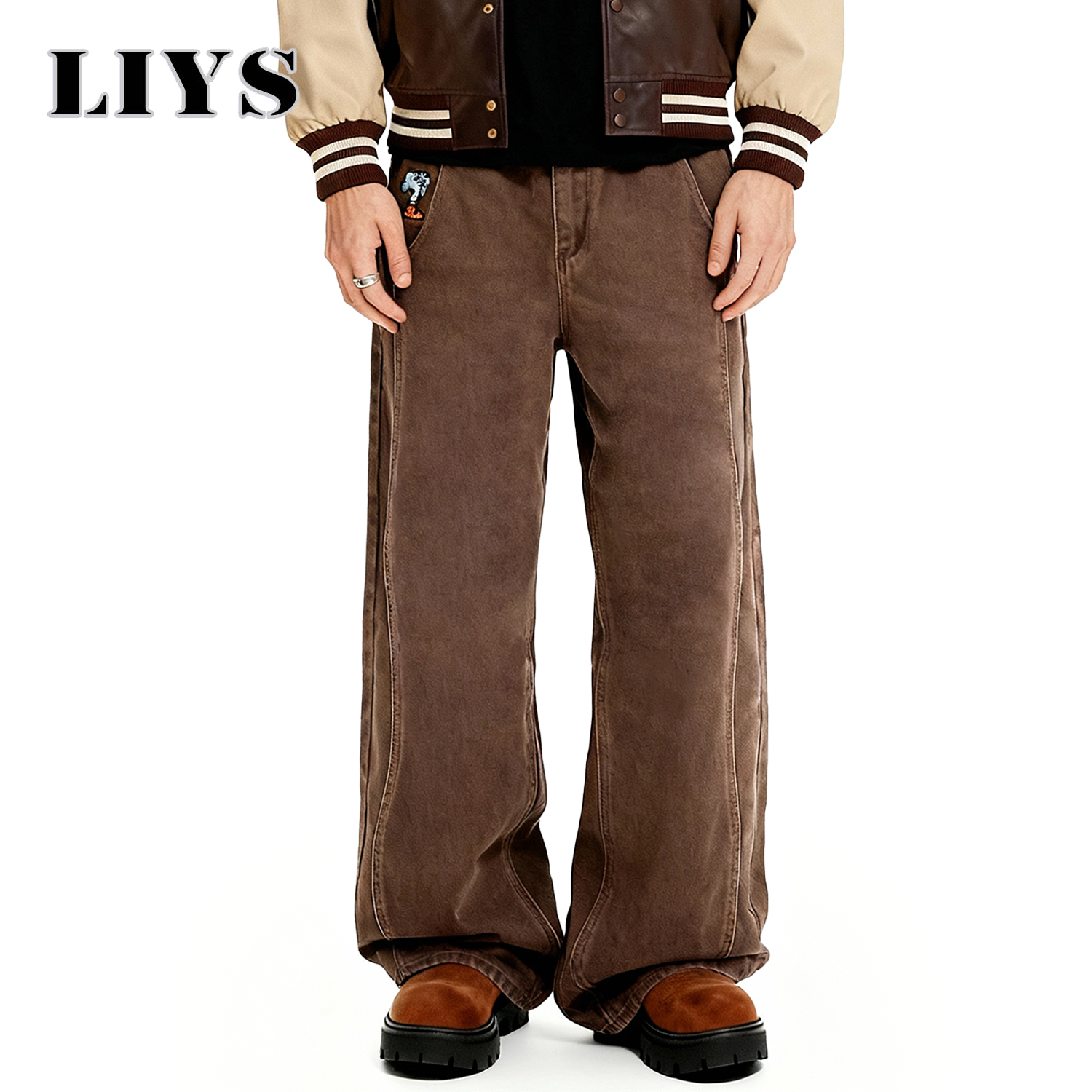 Américain rétro hommes marron décontracté Baggy jambe large jean coréen dessin animé éléphant broderie ample jambe large Denim pantalon unisexe