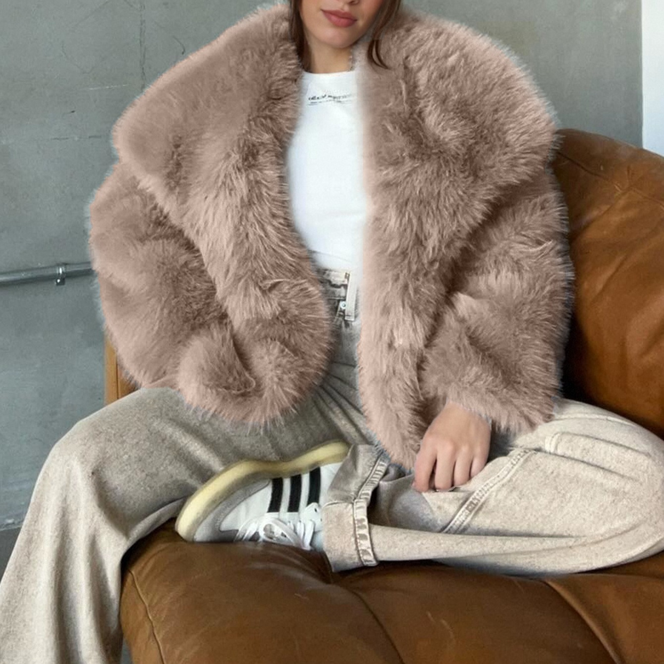 Mulheres branco casacos curtos jaquetas de pele do falso grande turn down collar ponto aberto mangas compridas ajuste reto casual outono inverno 2025