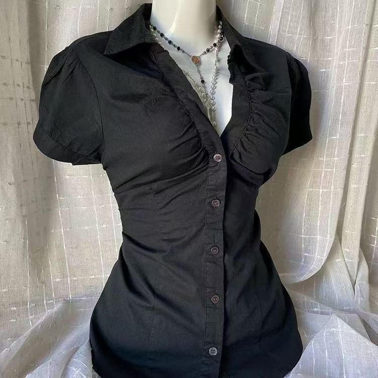 Nouvelle Blouse Noire Gothique Style Y2K Manches Courtes Coupe Slim Chemise Boutonnée Esthétique Harajuku Punk Grunge E-Girl Streetwear Hauts