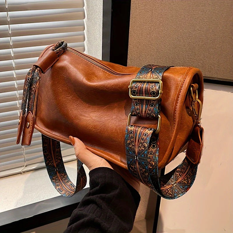 Sac à bandoulière à fermeture éclair à motif graphique, sac à bandoulière en cuir élégant avec large sangle, sac à main quotidien de grande capacité, sac Hobos de styliste