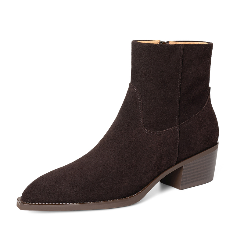 SmallHut Nuova Tendenza Stivaletti da Donna in Pelle Scamosciata Autunnali Marrone Chiaro Cioccolato con Tacco Grosso Punta Affusolata e Cerniera Laterale
