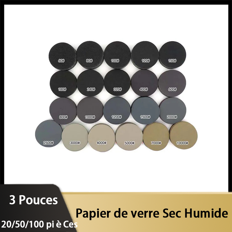 20/50/100 Pièces Papier abrasif Sec humide 3 pouces 75MM Crochet et boucle Carbure de silicium 60-10000 Grains Disque abrasif étanche