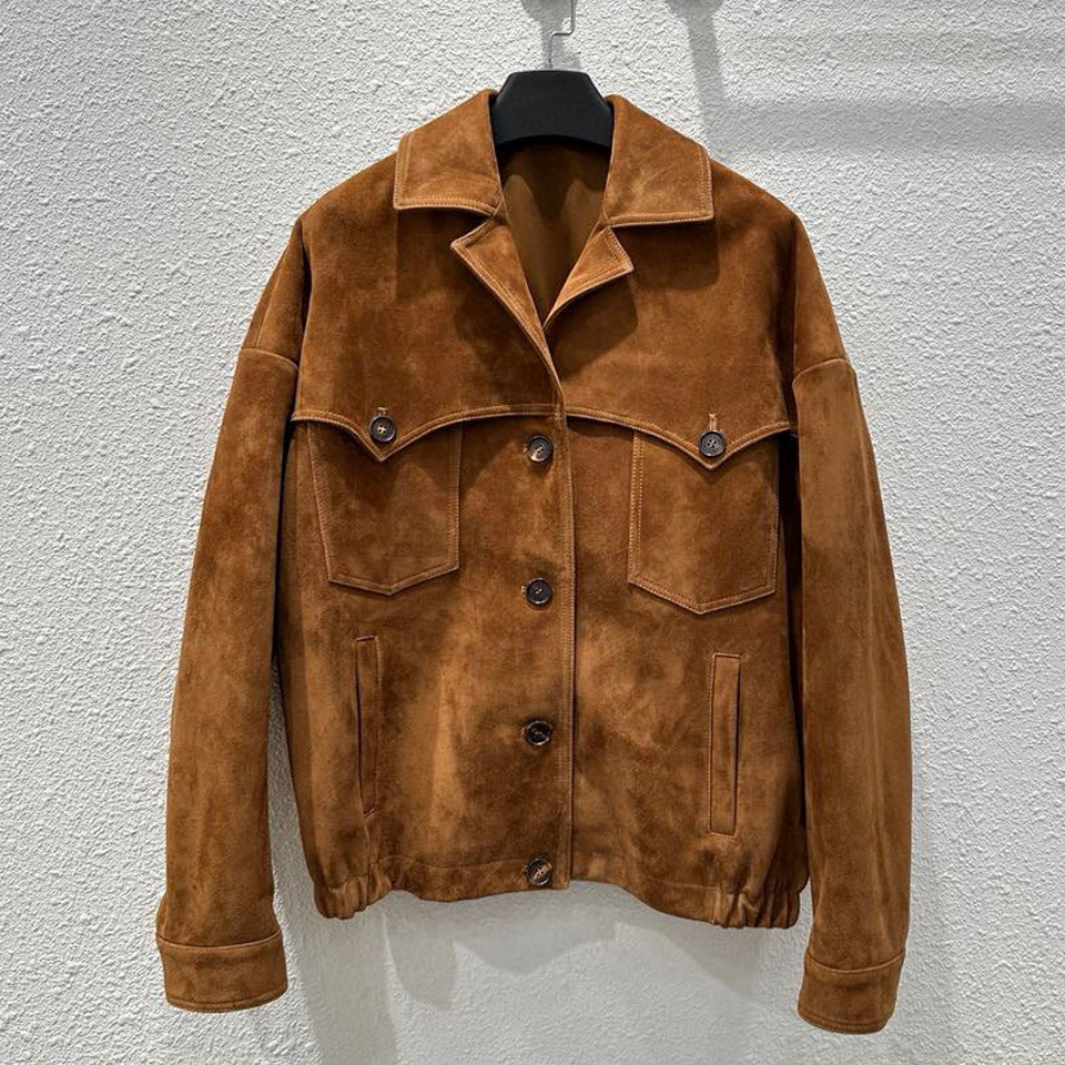 Chaqueta de piel de oveja de calidad de lujo para mujer, chaqueta de cuero auténtico, ropa de trabajo de cuero de ante Vintage, abrigos holgados informales con bolsillo 2024