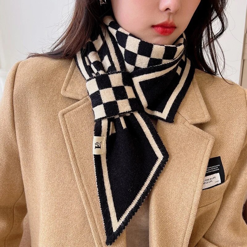 Lenço instantâneo de malha dupla moda xadrez cachecol feminino outono inverno grosso quente ao ar livre pescoço cachecol 110*11cm