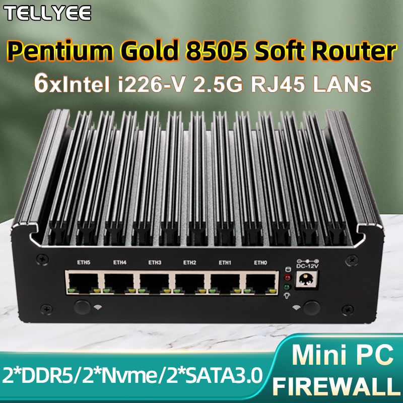 Routeur logiciel Intel Pentium Gold 8505 6 Lan i226-V 2.5G Mini PC sans ventilateur COM HD DP USB Type-C DDR5 SATA pfSense Firewall Appliance OPNsense Proxmox Computer