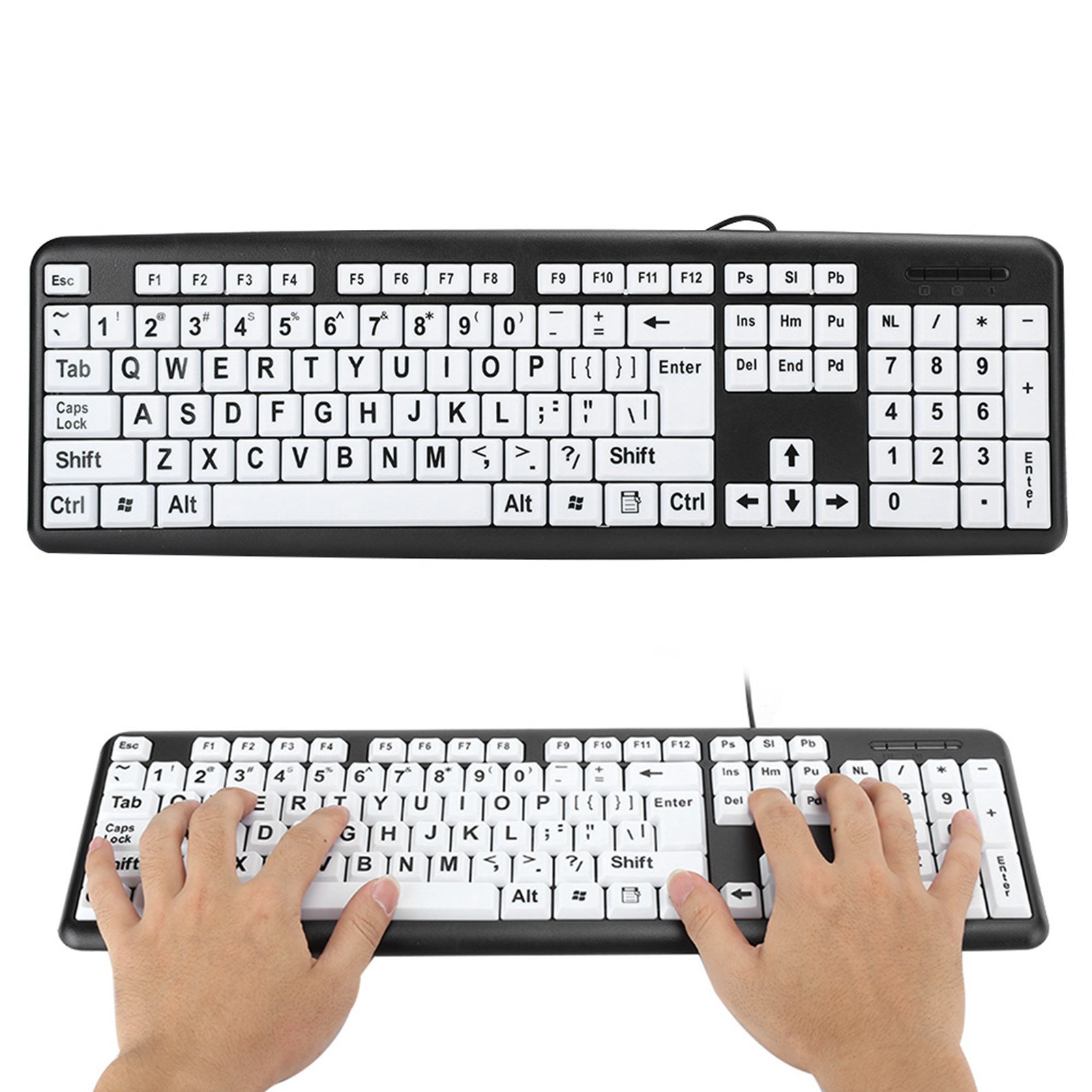 Czarna klawiatura Low Vision Przewodowa klawiatura USB dla starszych osób z białymi dużymi klawiszami z nadrukiem Klawiatura dla starców Duża klawiatura z nadrukiem