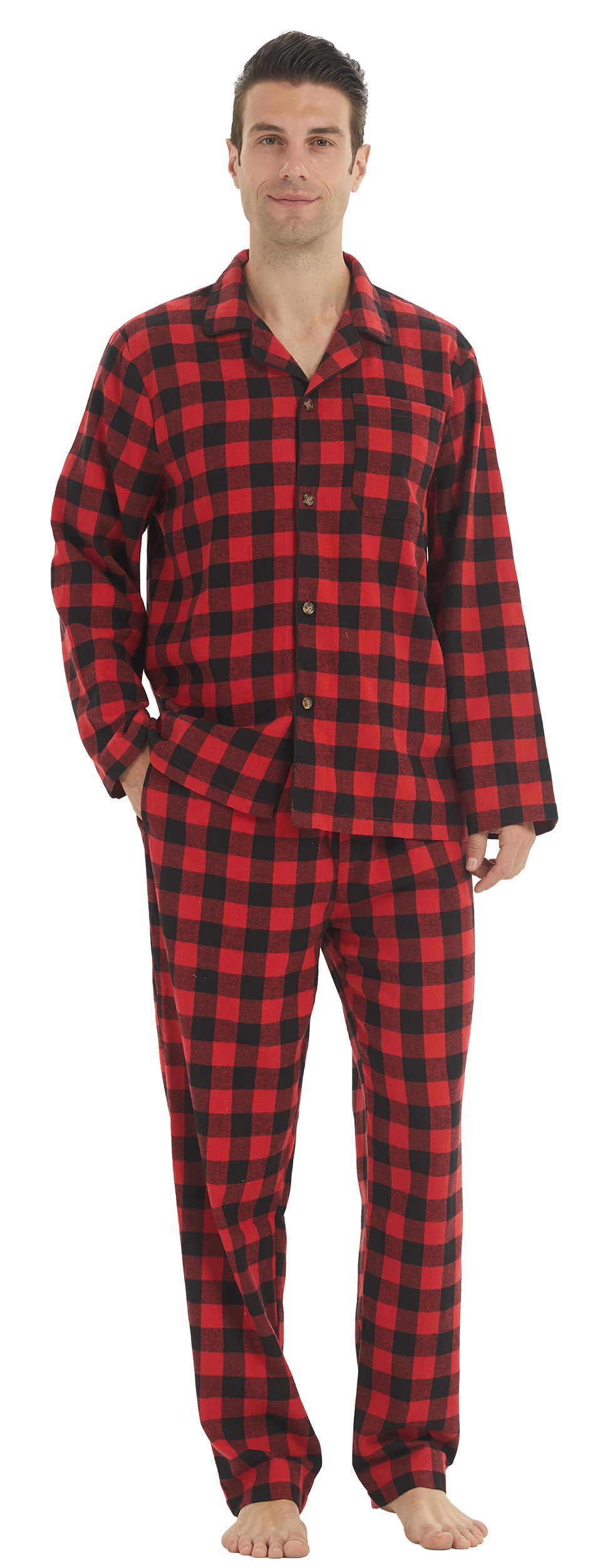 Mens Flannel Pajama ชุดผ้าฝ้ายลายสก๊อตชุดนอนสําหรับชาย Pjs ชุด Soft Lounge ชุดนอน Pj กางเกงกับกระเป๋า Flannel เสื้อ