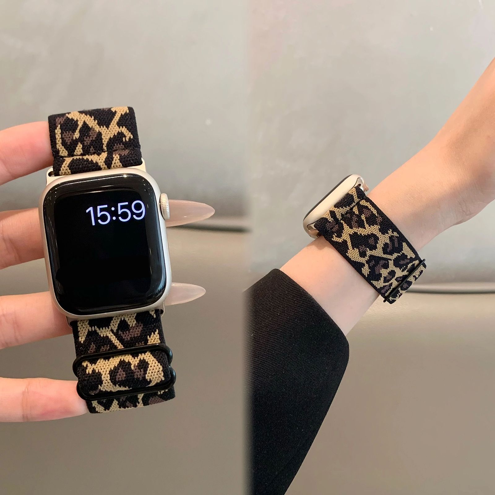 1 opakowanie elastycznej pętli w panterkę kompatybilnej z paskiem Apple Watch 38 mm 40 mm 41 mm 42 mm 44 mm 45 mm 49 mm