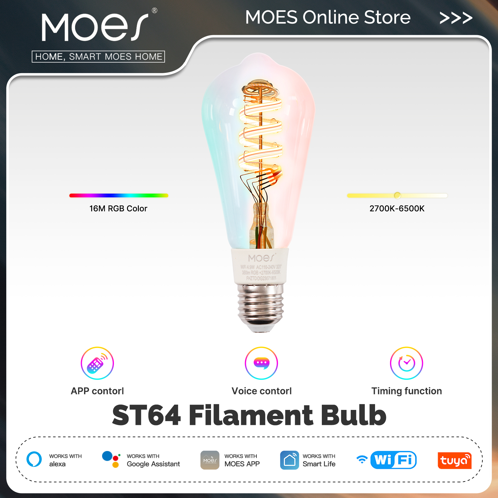 MOES Tuya WiFi スマート ST64 エジソン LED 電球 1600 万 RGB 色変更 2700K-6500K 調光可能 Alexa/Google ホームで動作