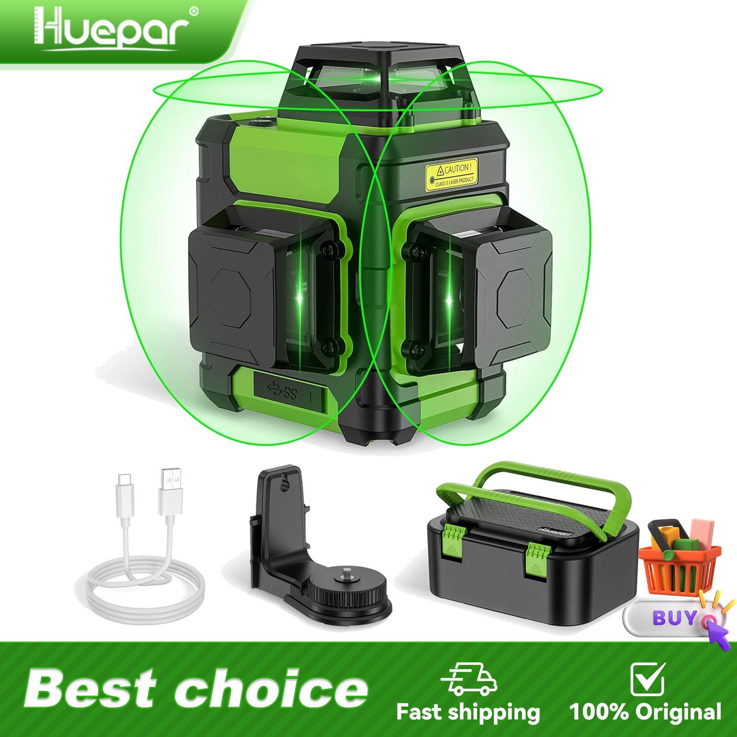 Huepar 3D Cross Line Laser Level Перезаряжаемый самовыравнивающийся зеленый лазерный инструмент с литий-ионной батареей, импульсным режимом и жестким футляром HM03CG