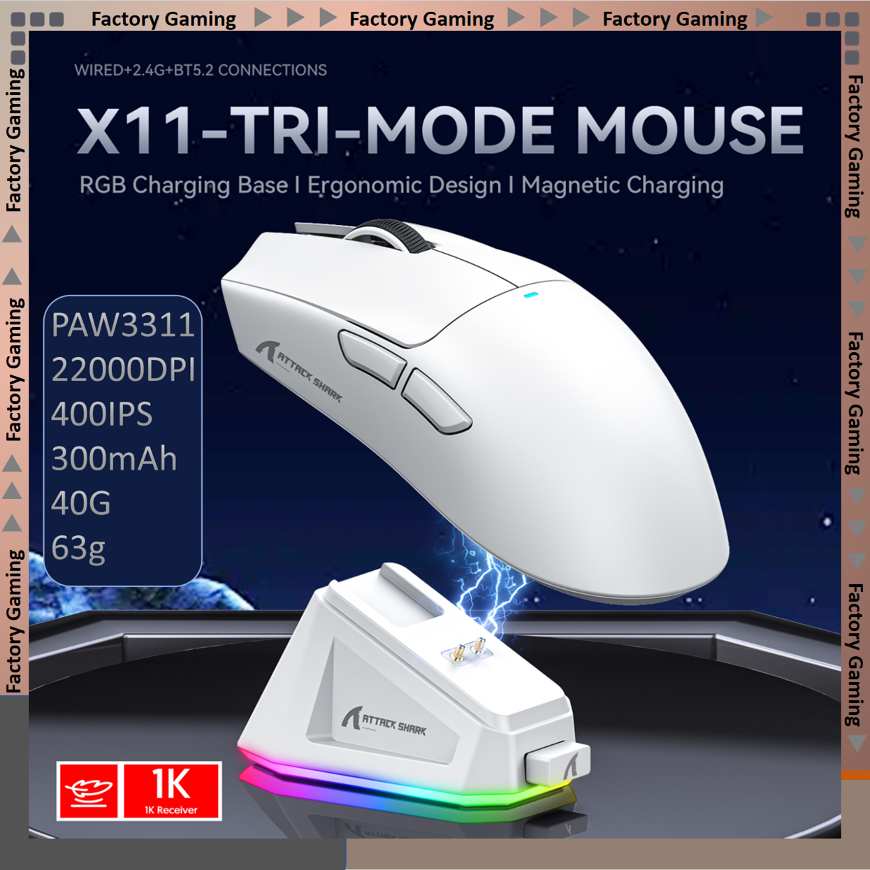Ratón para Juegos ATTACK SHARK X11, Tri-Modo, Ligero, PAW3311, 22000DPI, 400IPS, 40G, 1K Frecuencia de Respuesta, Carga Rápida Magnética