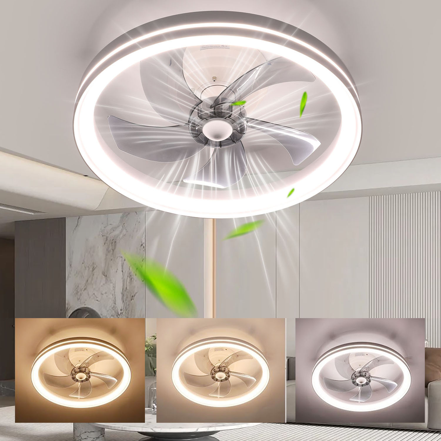 46 W runder, leiser Deckenventilator mit Beleuchtung, 48 cm LED-Deckenleuchte mit Ventilator, dimmbarer Wohnzimmerventilator mit Fernbedienung