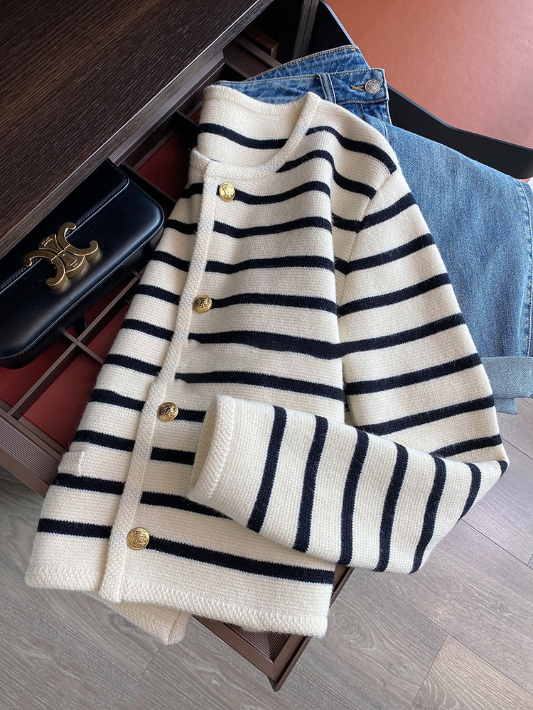 Cárdigans de punto a rayas para mujer, Tops cortos de manga larga con cuello redondo y una hilera de botones, suéteres informales elegantes a la moda para primavera y otoño