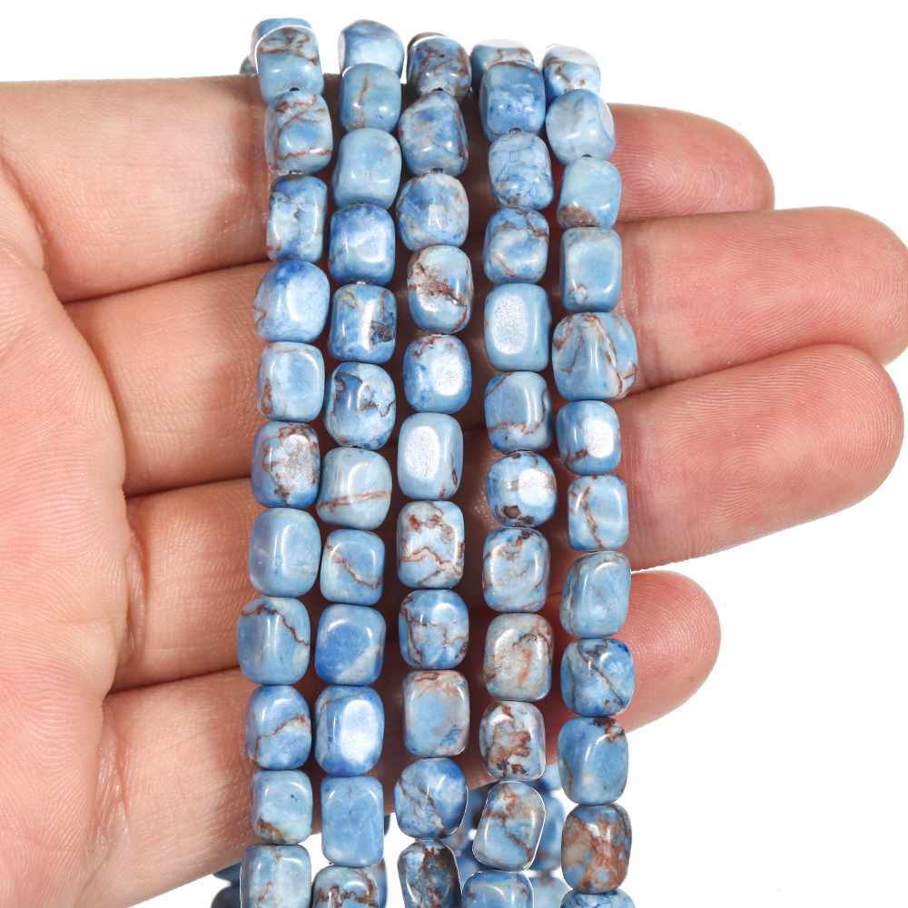Koraliki z kamienia naturalnego 6x8mm, niebieski jaspis turkusowy z osadów morskich, kwadratowe koraliki do wyrobu biżuterii, bransoletek i naszyjników DIY, długość 15 cali.