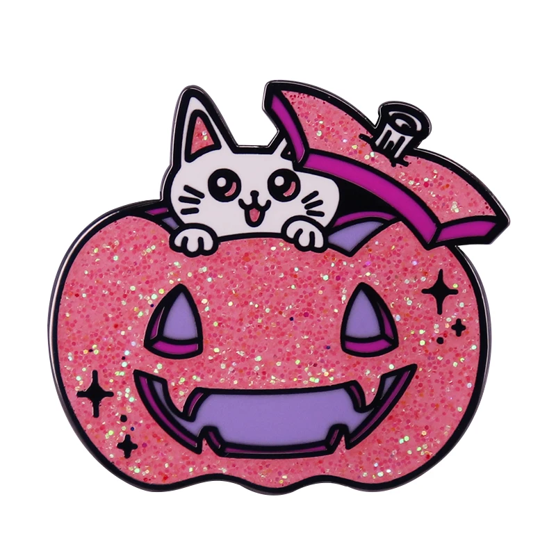 Kawaii Cat in pumpkin Enamel Pin Christmas Halloween pet kitten latarnia Brokatowe różowe odznaki
