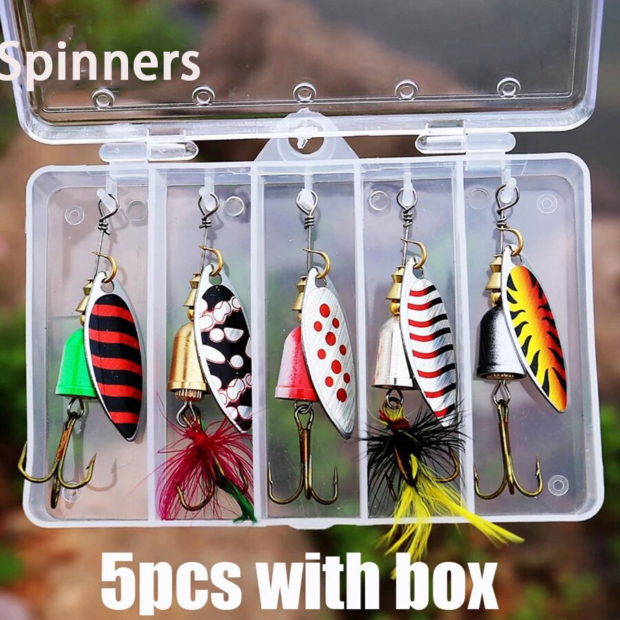 5 uds señuelo de pesca cebo giratorio, Kit de cebos giratorios de Metal duro para lubina, trucha, salmón, con cajas de aparejos