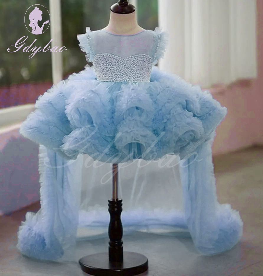 Blauwe Parels Bloem Meisje Jurk Voor Bruiloft Tule Gezwollen Mouwloze Baby Kids Verjaardag Jurk Elegante Eerste Communie Prinses Jurken