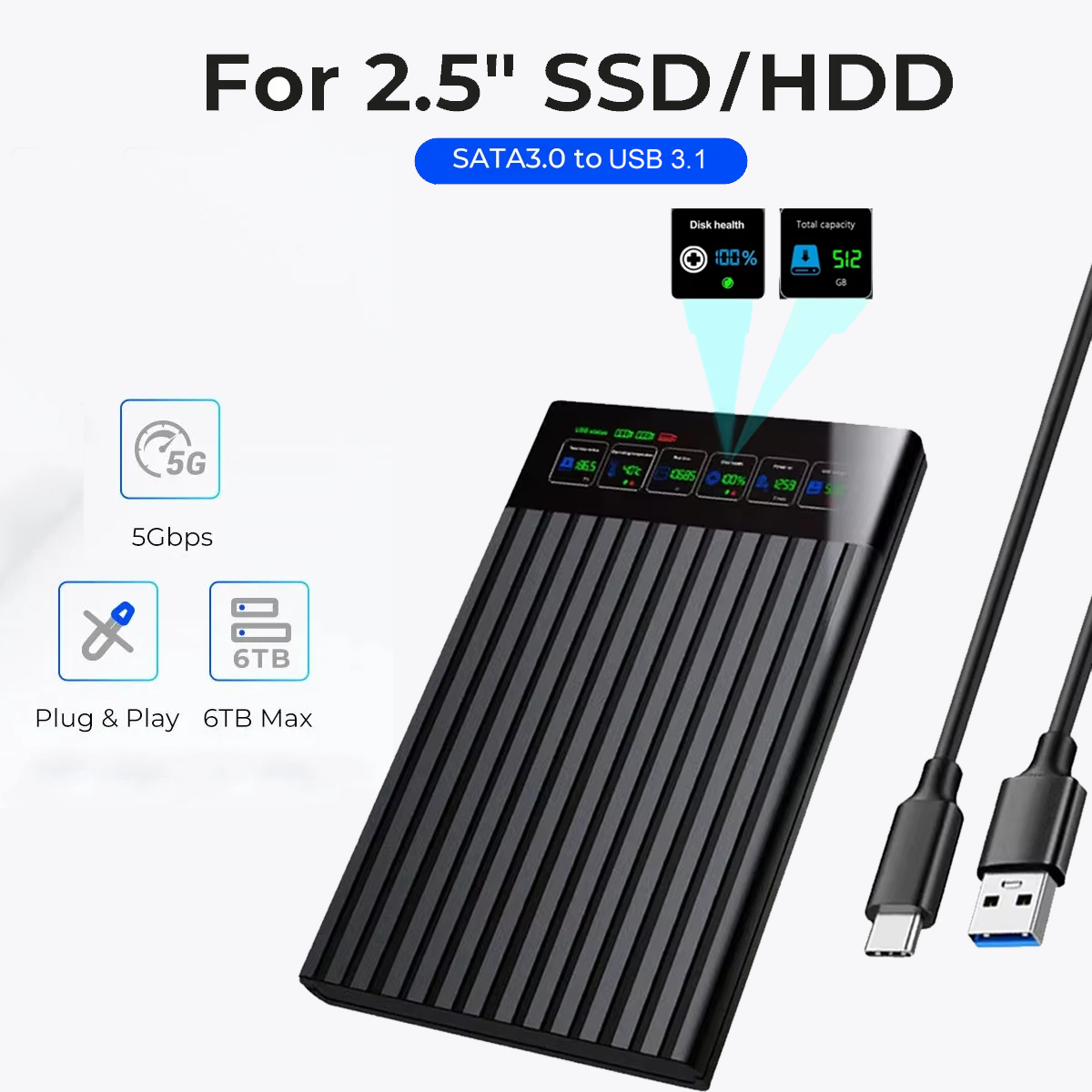 Корпус для жесткого диска, 2,5 дюйма, SATA на USB3.1, макс. 6 Гбит/с ,HDD SSD Case 2.5 Inch SATA to USB3.1 HDD Enclosure 6Gbps Max External SATA HDD Enclosure Hard Drive Box Adapter for PC