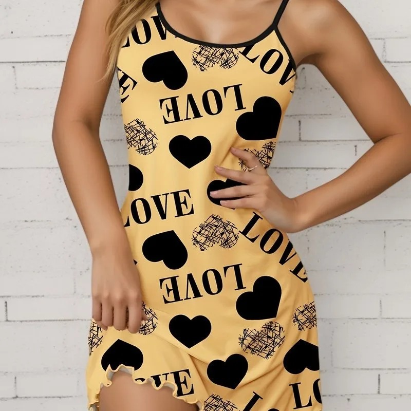 Camisón informal y cómodo con estampado de corazones y letras, camisón corto Sexy con ribete de lechuga, ropa de dormir y vestidos para mujer, 1 pieza