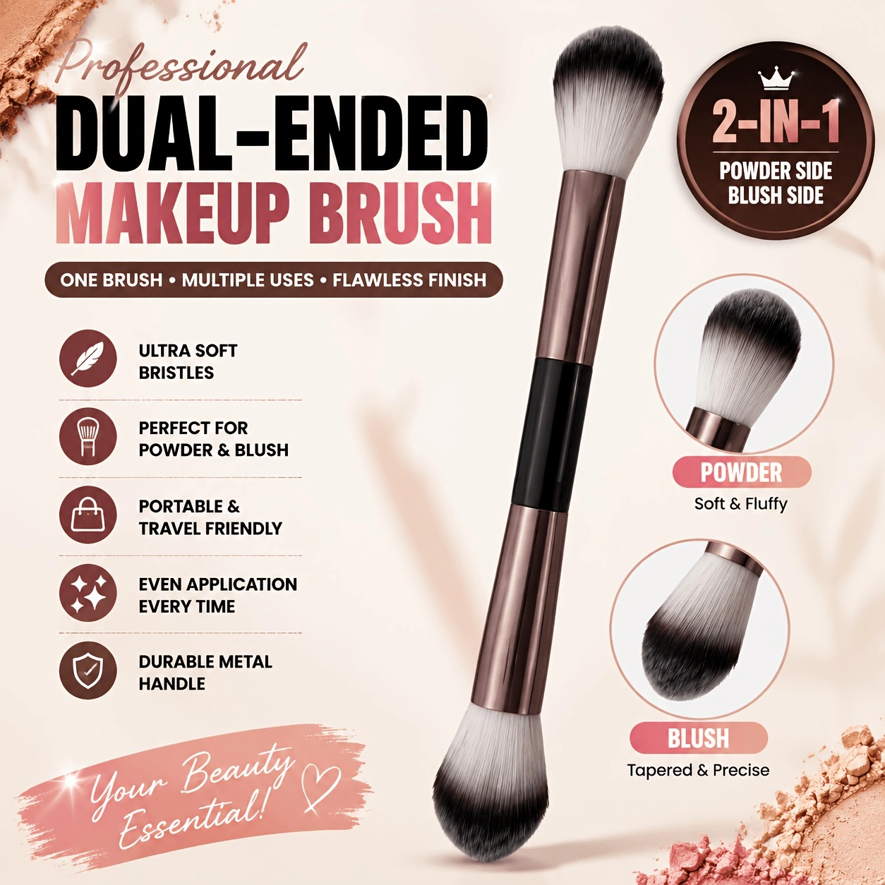 Make-up-Pinsel, Puderpinsel, Rougepinsel, Pinsel für loses Puder, exquisiter professioneller Metallgriff, Doppelkopf-Design, mit Box