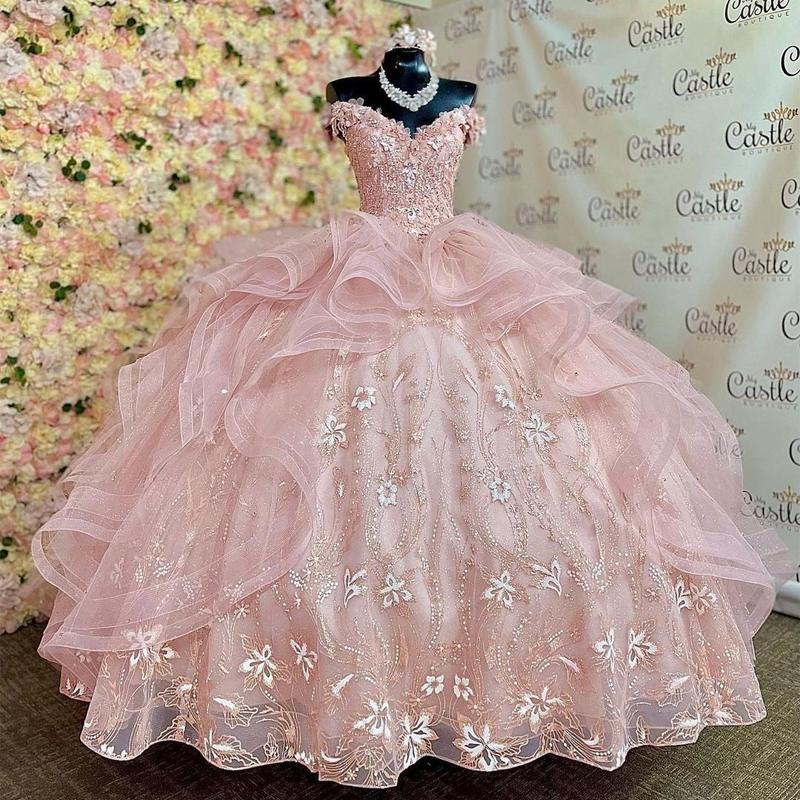 ANGELSBRIDEP-Robe de Quinceanera rose scintillante, robe de princesse Sweet 16, applique en dentelle de fête hors initiative, personnalisée, 15 ans