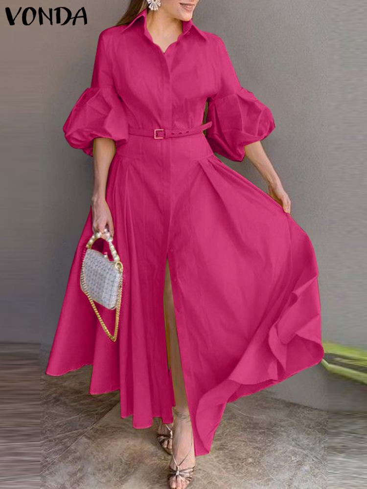 Vestido largo de fiesta elegante de talla grande 5XL VONDA 2024, moda para mujer, manga acampanada, botones, vestido veraniego con vuelo grande, bata Lisa informal