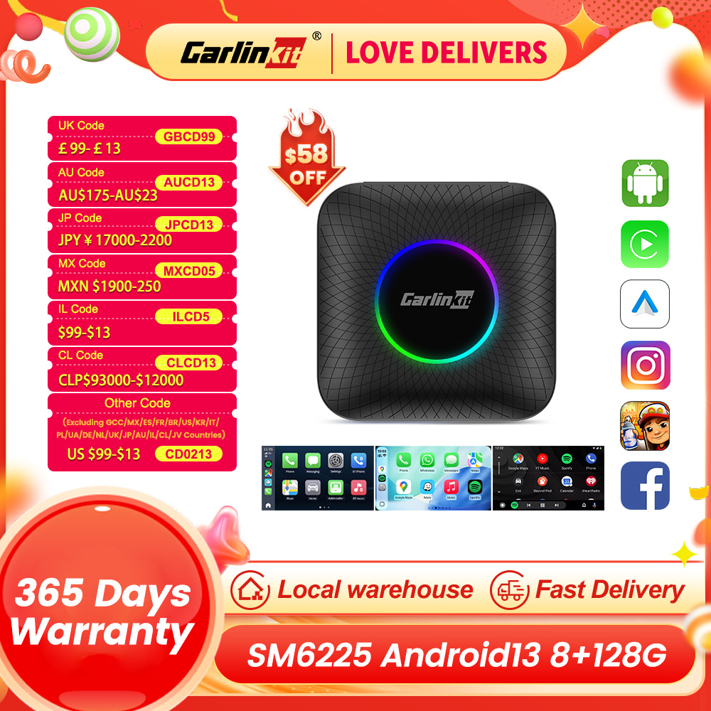 CarlinKit CarPlay Ai Box Android 13 SM6225 8 cores 8G+128G Smart Android TV Box Wireless CarPlay Android Auto Support 512GB TF