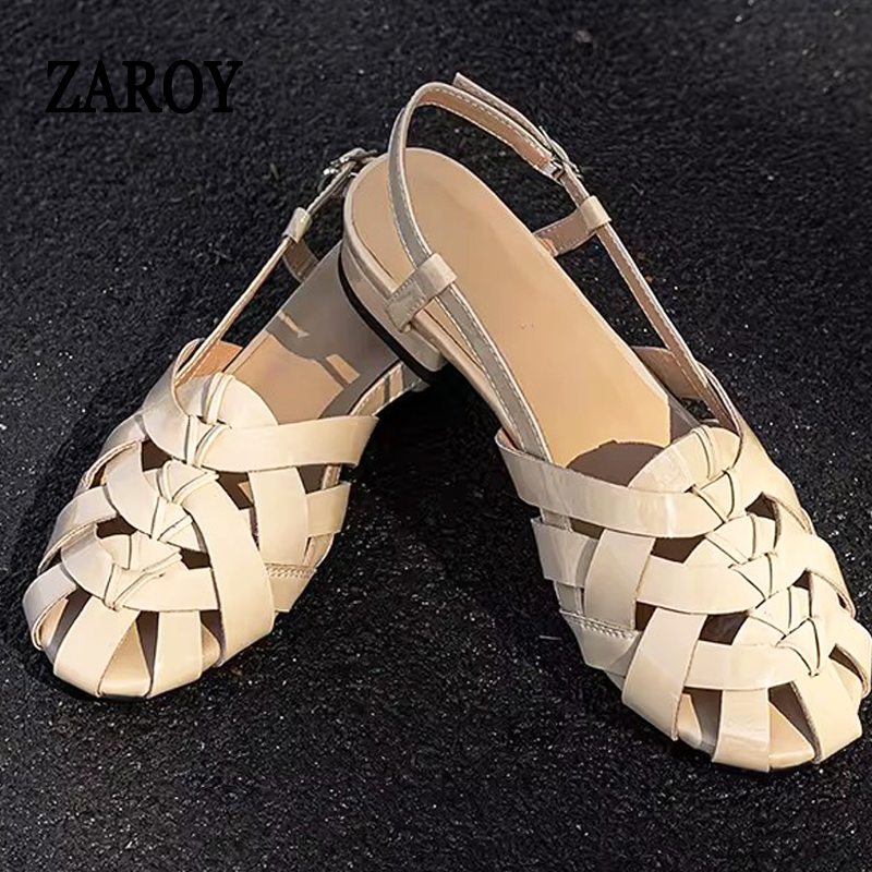 ZAROY Slingback platte sandalen damesmode geweven smalle band Romeinse stijl ronde neus holle designer schoenen elegante gezellige sandalias