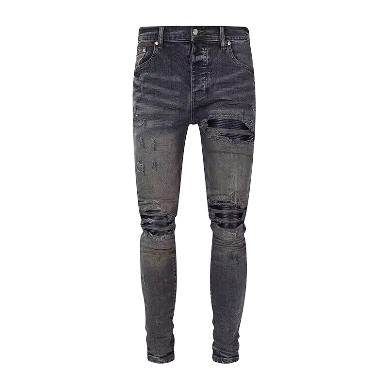 Męskie ciemnoniebieskie jeansy slim fit w stylu retro, amerykańska moda uliczna, elastyczne spodnie ze zwężanymi nogawkami z perforowanymi naszywkami, modna marka Y2K.