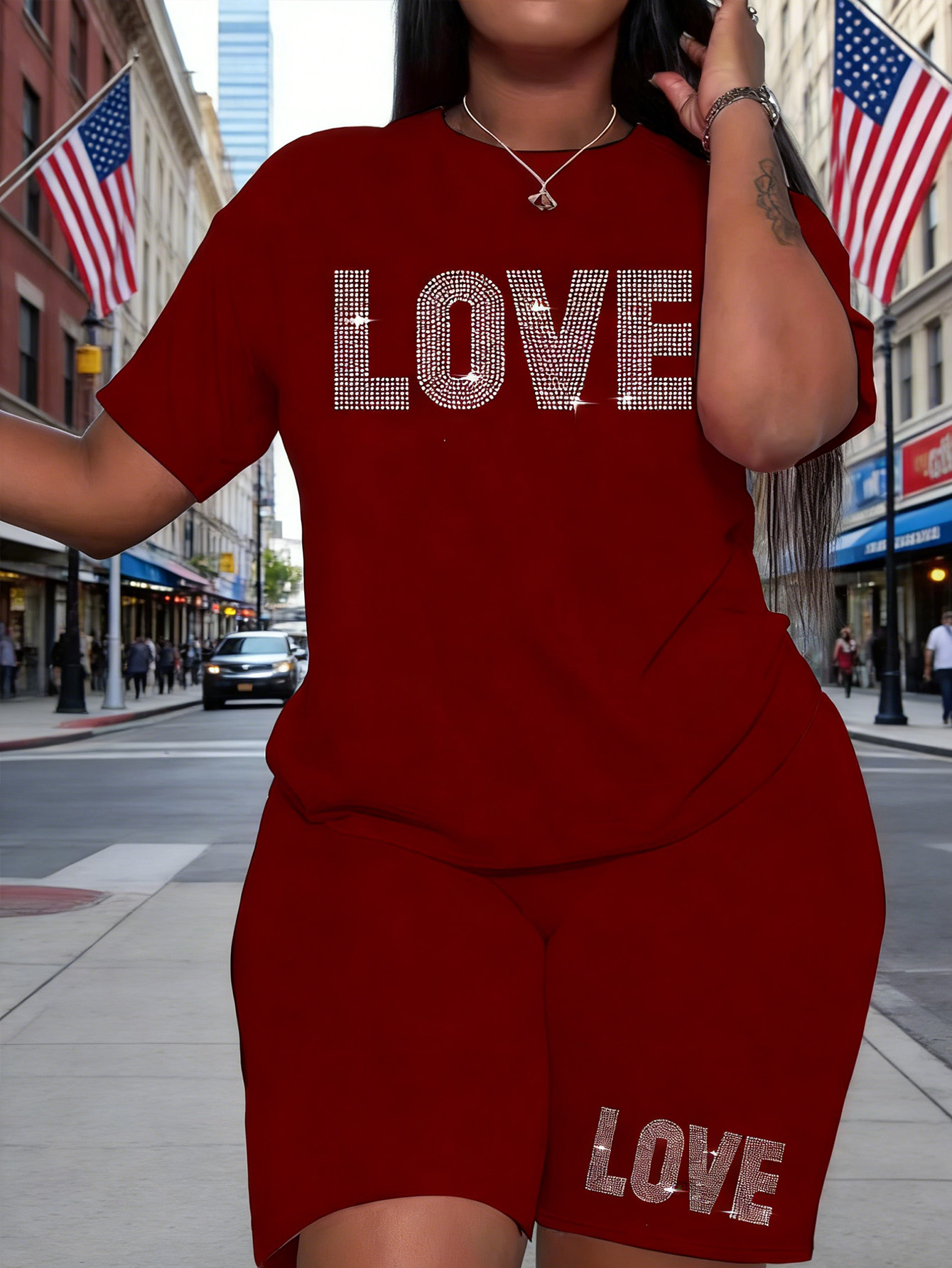Set T-shirt e pantaloncini casual oversize da donna, con tessuto lavorato a maglia a maniche corte e scollo rotondo, con stampa a cuore con lettere, adatto