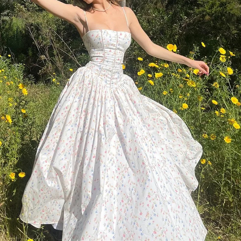 Sommerurlaub Elegantes Blumenmuster Spaghetti-Trägerkleid Damen Boho Chic Hochgeschnittenes Trägerloses Kleid Strandparty Langes Kleid