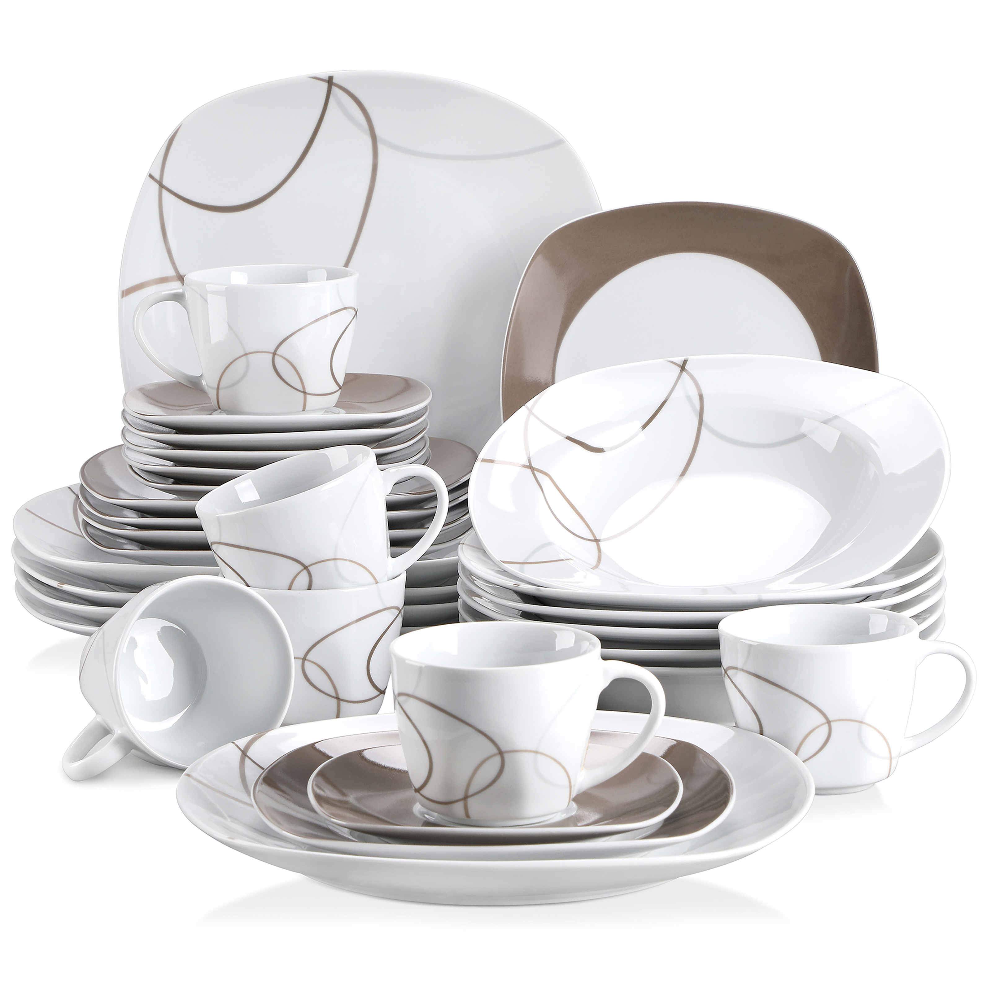 VEWEET 30-częściowy porcelanowy ceramiczny zestaw talerzy kuchennych z 6 szt. Talerzy deserowych/talerzy zupy/talerzy obiadowych/kubków/ubojów