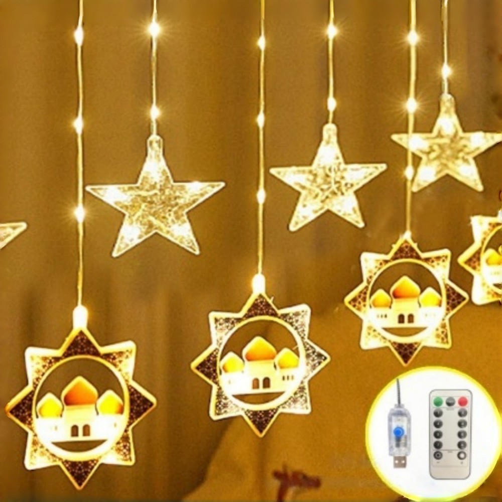 Rideau lumineux en cuir pour intérieur, château lune/étoile, alimenté par USB, 8 Modes, lumière féerique suspendue pour Festival musulman, fête à domicile, 1 pièce