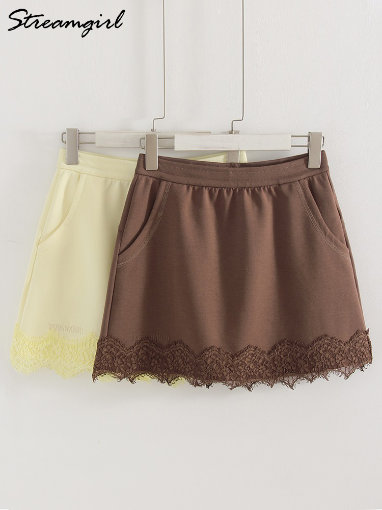 Streamgirl Lace Mini Skirts Women Elegant Brown A Line Skirt With Pockets Stretch Waist Short Yellow Skirt Mini Lace For Women