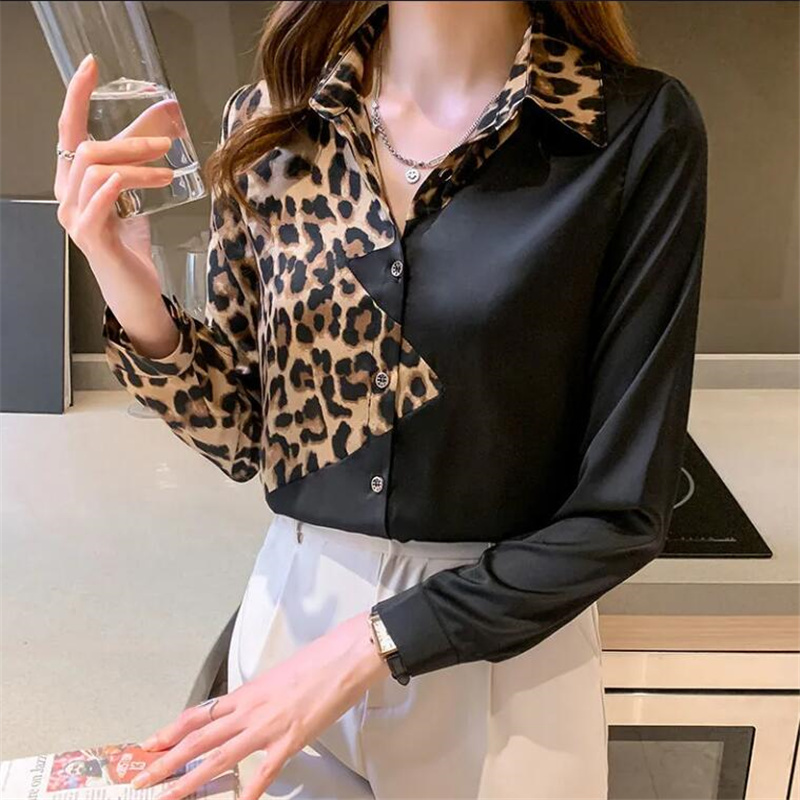 Camicie da donna con cuciture in raso nero Leopard Contrast Top Chic blouts Laple manica lunga Button Up Basics camicette Casual Femme
