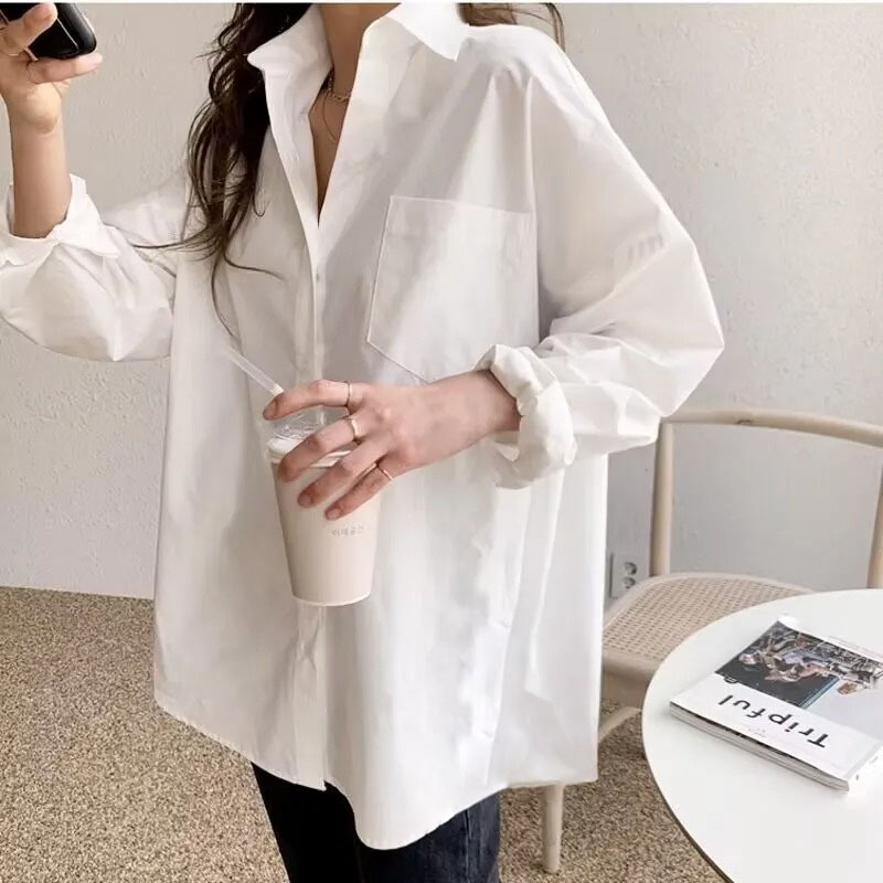 Office Lady Elegant Wit Casual Losse Blouses Mode Nieuwe Katoenen Dames Shirt Met Lange Mouwen Kraag Tops