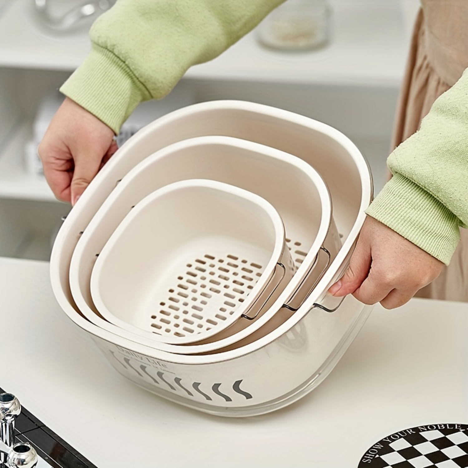 Cestino di drenaggio a doppio strato da 1 pezzo, lavabo staccabile, colino multifunzionale per frutta e verdura, sup da cucina