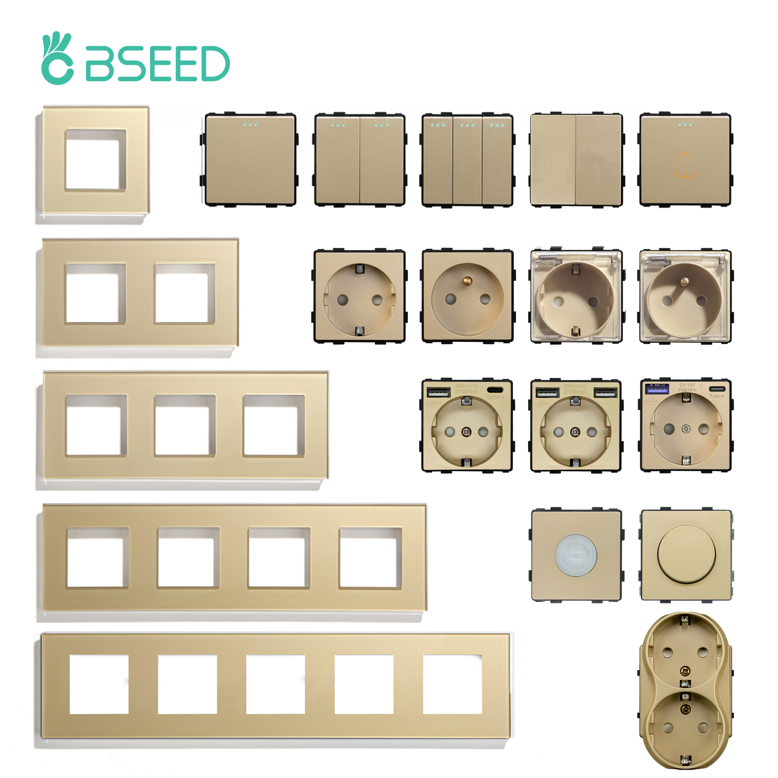 BSEED – Module de commutateur d'éclairage mural Standard ue, prises électriques, bouton de commutation, partie de fonction de bricolage, panneau en verre, Collocation gratuite or