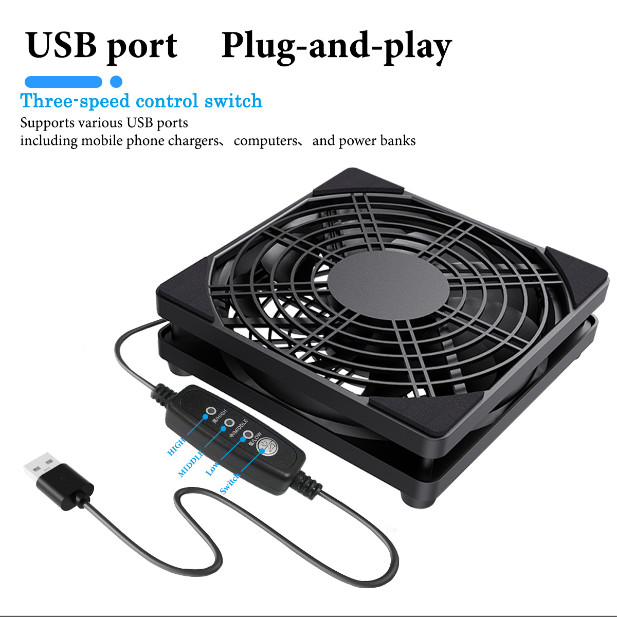 1 unidad USB admite ajuste de 3 velocidades. El ventilador de la computadora es silencioso. El ventilador de fuente de alimentación de 5 V está equipado con un controlador de velocidad, su