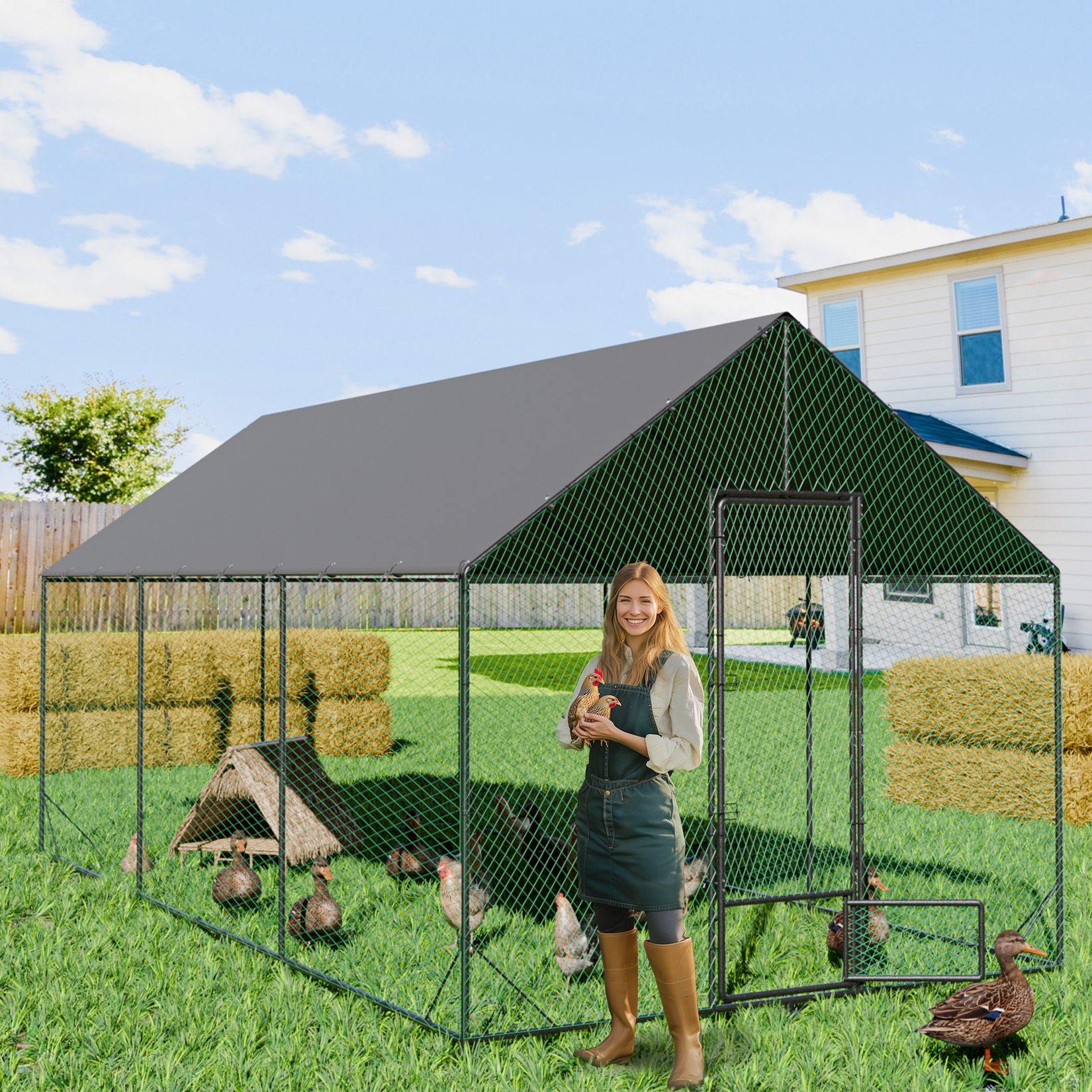 Grande aggiornamento per esterni Pollaio in metallo Walk-in Pollame Run Pen Cage Pet Anatra Gallina Casa con rete in nylon e copertura per cortili