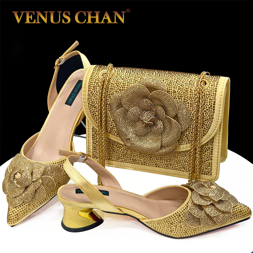 Italian Design Evening Shoes And Bags Paired With Handmade Petal Gold Colour Pointed Toe Mid-Heel Shoes For Women Party Shoes